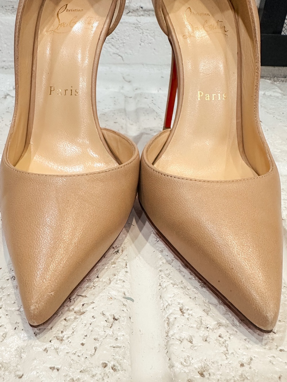 Christian Louboutin Iriza, Blush, Nude Leather Pointed-Toe Pumps with Red Soles - Picture 8 of 12
